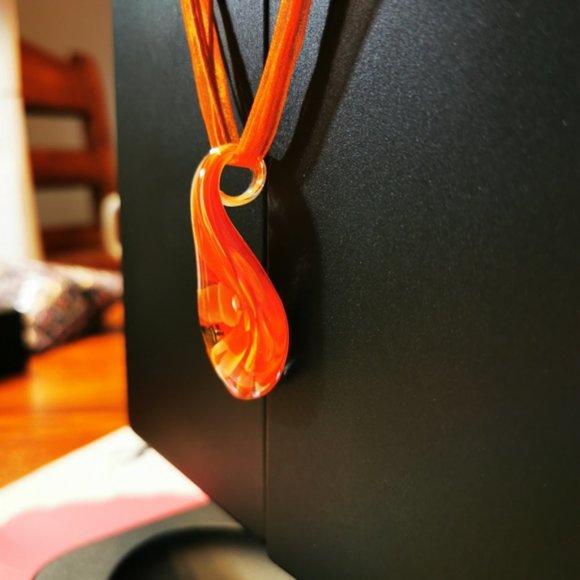 Art Glass Pendent Clear Glass with Orange Flower ~ Ribbon and Cord Nec… - Picture 12 of 16